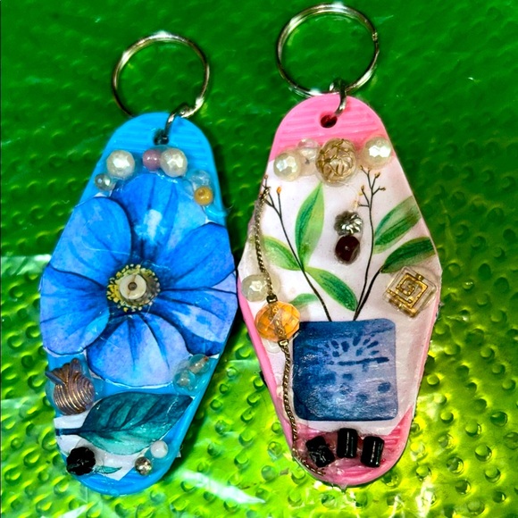 Colorful Floral motel key rings. Decorated with broken costume jewelry. - Picture 1 of 2